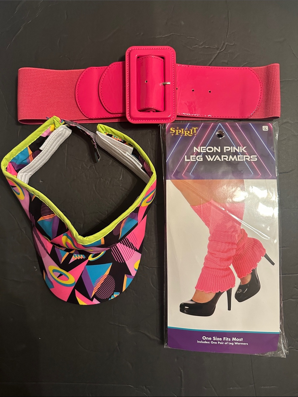 Neon Pink Wide Stretch Belt with Matching Neon Pink Leg Warmers and a 80’s visor